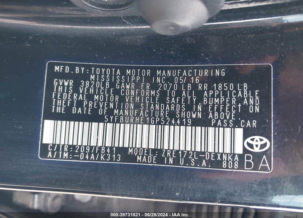 2016 TOYOTA COROLLA LE PLUS VIN: 5YFBURHE1GP524419