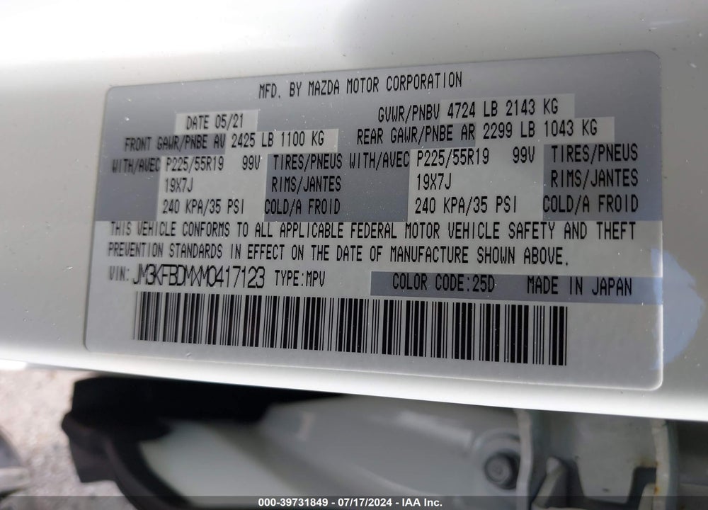 2021 MAZDA CX-5 GRAND TOURING VIN: JM3KFBDMXM0417123