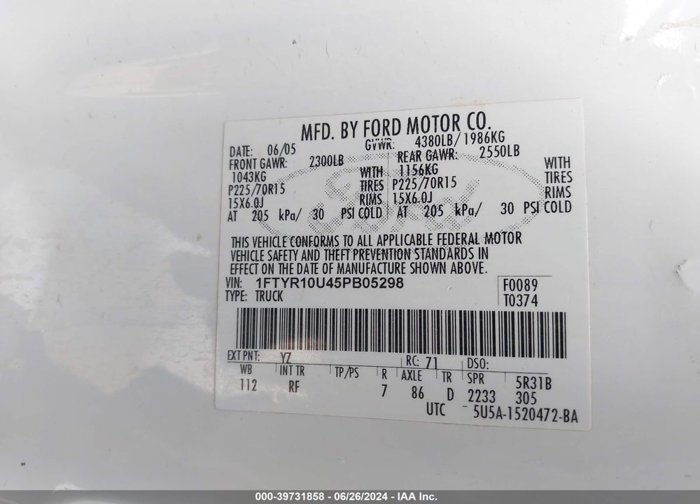 2005 FORD RANGER EDGE/STX/XL/XLS/XLT VIN: 1FTYR10U45PB05298