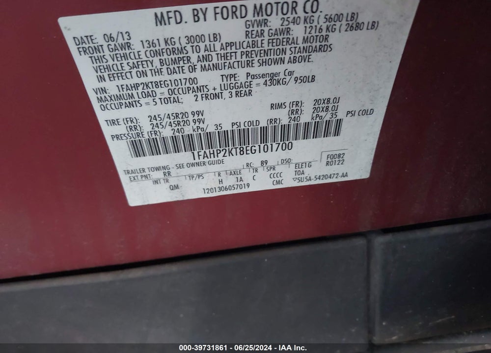2014 FORD TAURUS SHO VIN: 1FAHP2KT8EG101700