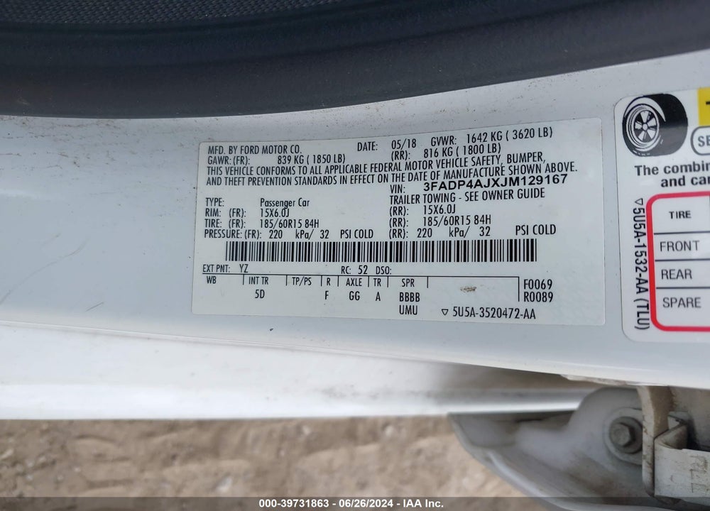 2018 FORD FIESTA S VIN: 3FADP4AJXJM129167