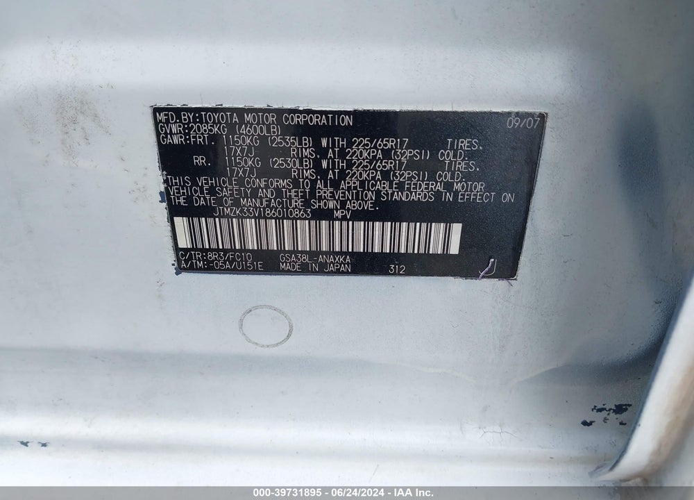 2008 TOYOTA RAV4 BASE V6 VIN: JTMZK33V186010863