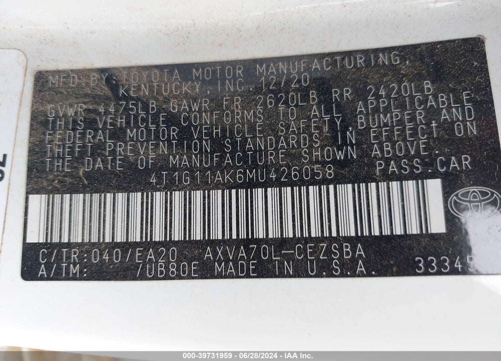 2021 TOYOTA CAMRY SE VIN: 4T1G11AK6MU426058