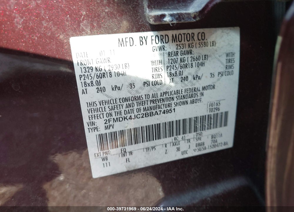 2011 FORD EDGE SEL VIN: 2FMDK4JC2BBA74951