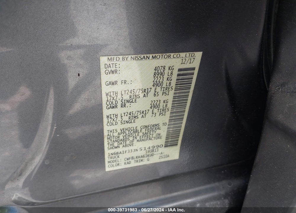 2018 NISSAN TITAN XD S DIESEL VIN: 1N6BA1F33JN514990