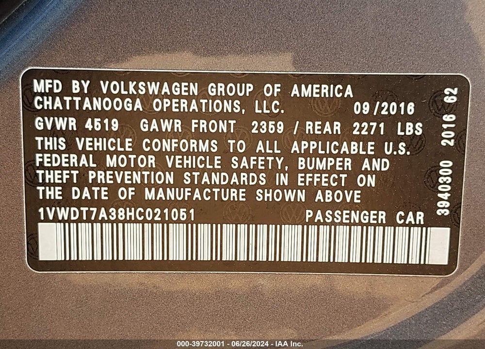 2017 VOLKSWAGEN PASSAT 1.8T R-LINE VIN: 1VWDT7A38HC021051