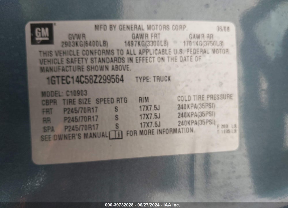 2008 GMC SIERRA 1500 WORK TRUCK VIN: 1GTEC14C58Z299564