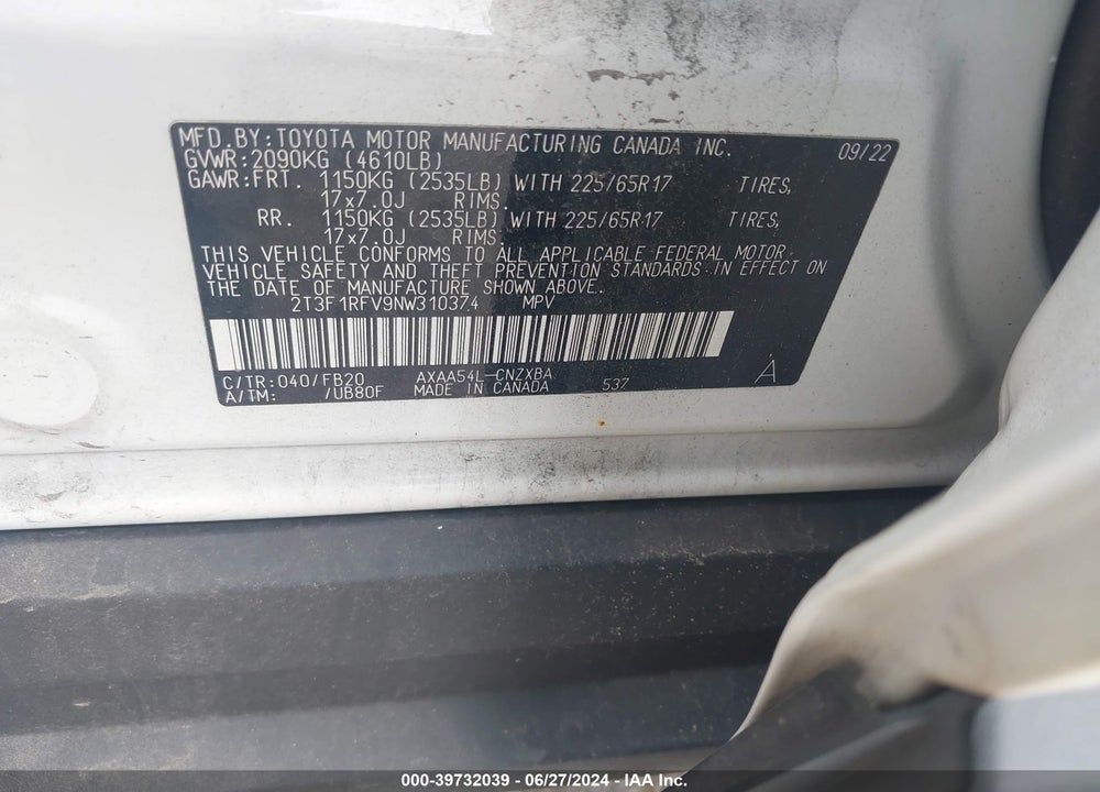 2022 TOYOTA RAV4 LE VIN: 2T3F1RFV9NW310374