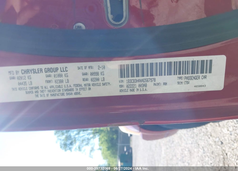 2010 DODGE CALIBER MAINSTREET VIN: 1B3CB3HAXAD567978
