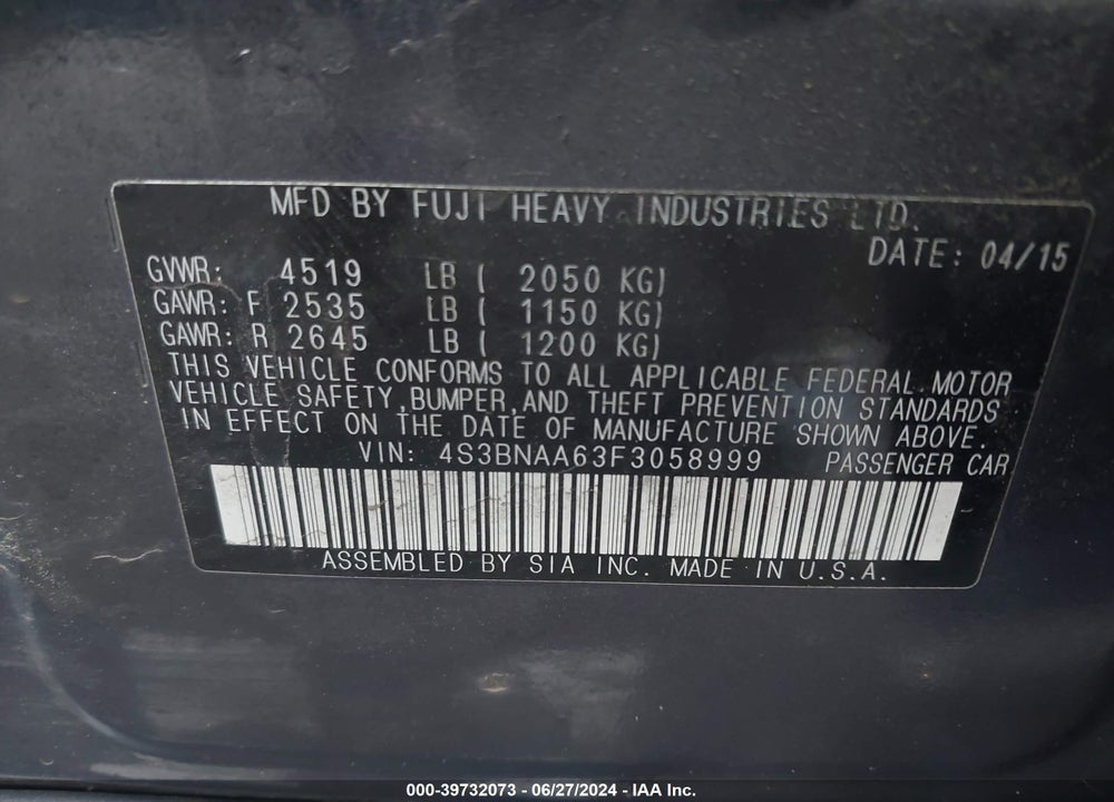2015 SUBARU LEGACY 2.5I VIN: 4S3BNAA63F3058999