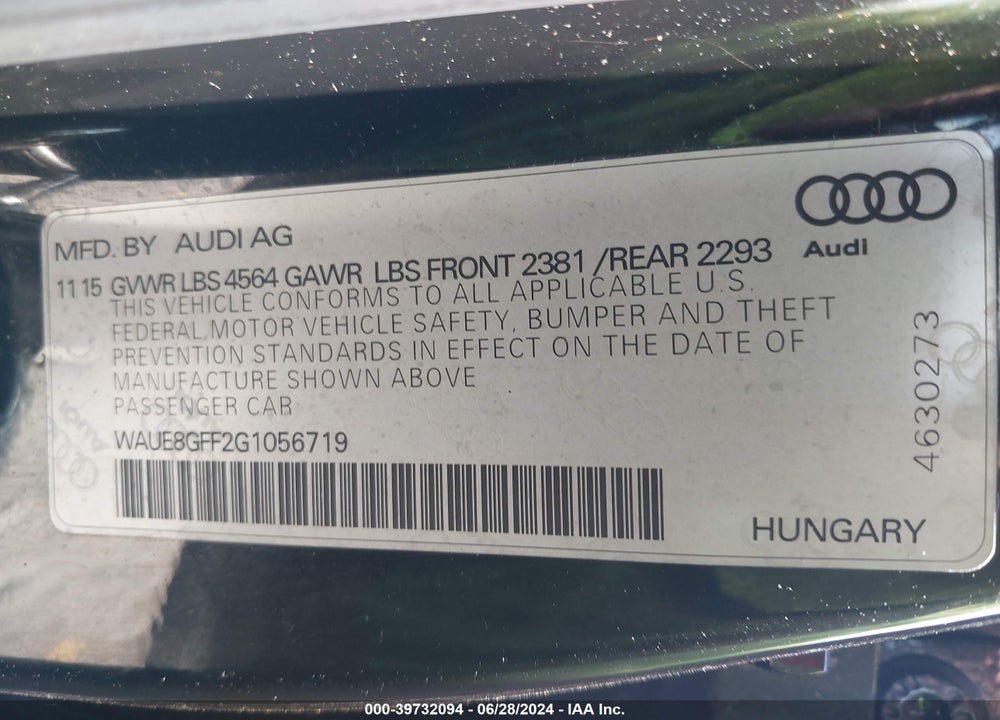 2016 AUDI A3 2.0T PREMIUM VIN: WAUE8GFF2G1056719