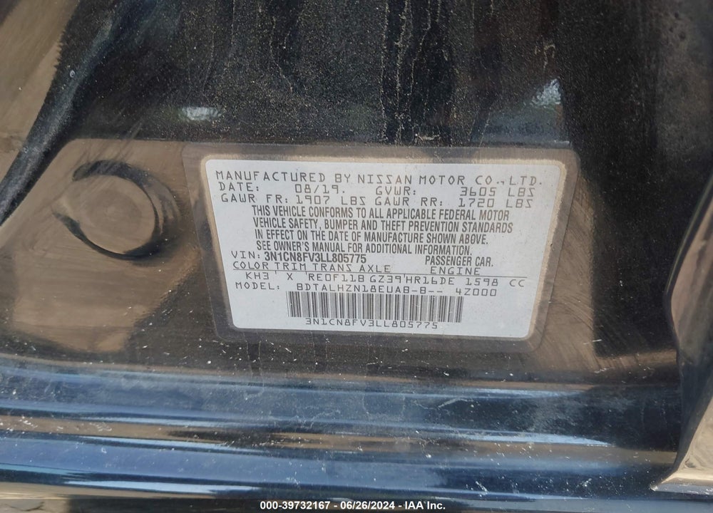 2020 NISSAN VERSA SR XTRONIC CVT VIN: 3N1CN8FV3LL805775