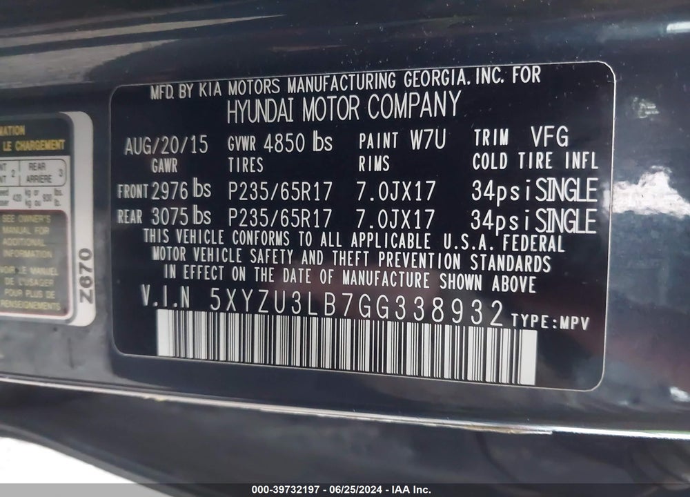 2016 HYUNDAI SANTA FE SPORT 2.4L VIN: 5XYZU3LB7GG338932