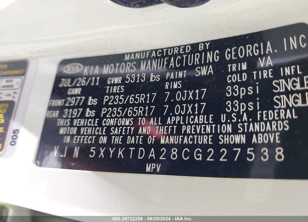 2012 KIA SORENTO LX V6 VIN: 5XYKTDA28CG227538