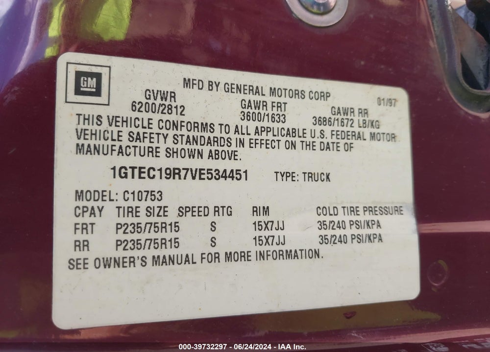 1997 GMC SIERRA 1500 SL WIDESIDE VIN: 1GTEC19R7VE534451