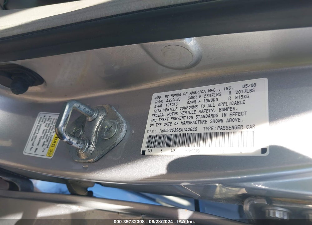 2008 HONDA ACCORD 2.4 LX VIN: 1HGCP26398A142649