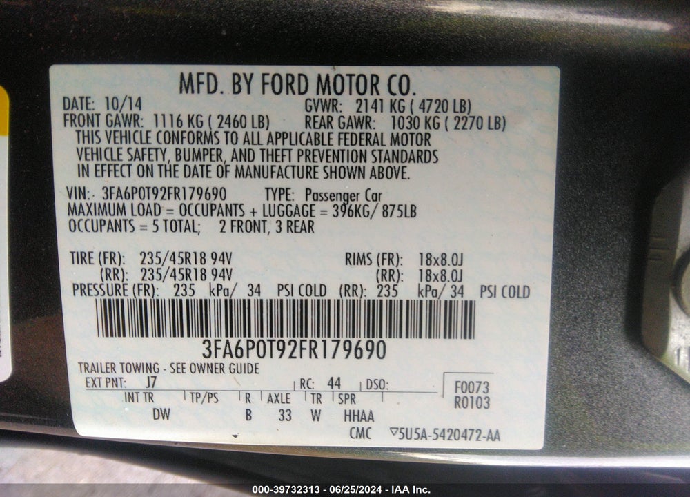 2015 FORD FUSION SE VIN: 3FA6P0T92FR179690