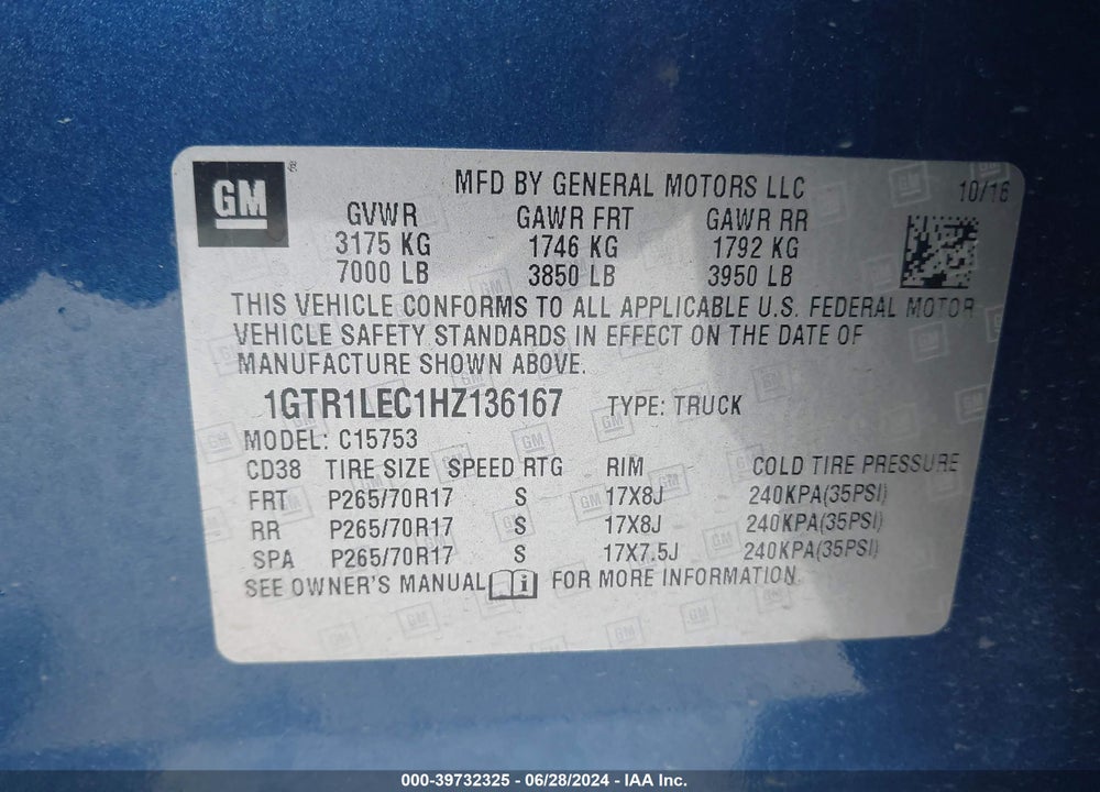 2017 GMC SIERRA 1500 VIN: 1GTR1LEC1HZ136167