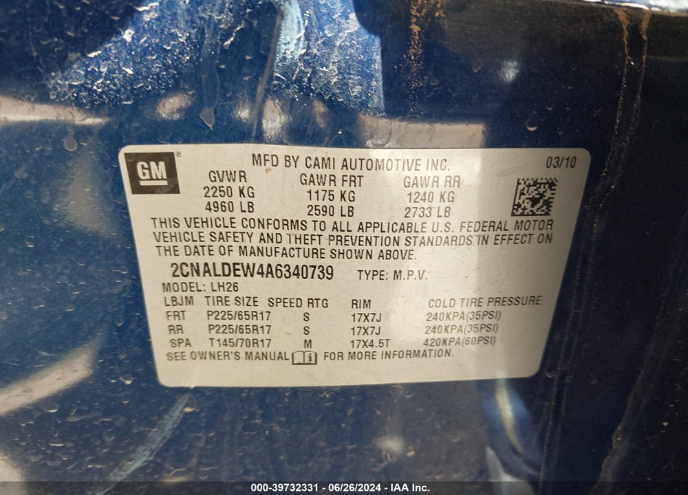 2010 CHEVROLET EQUINOX LT VIN: 2CNALDEW4A6340739