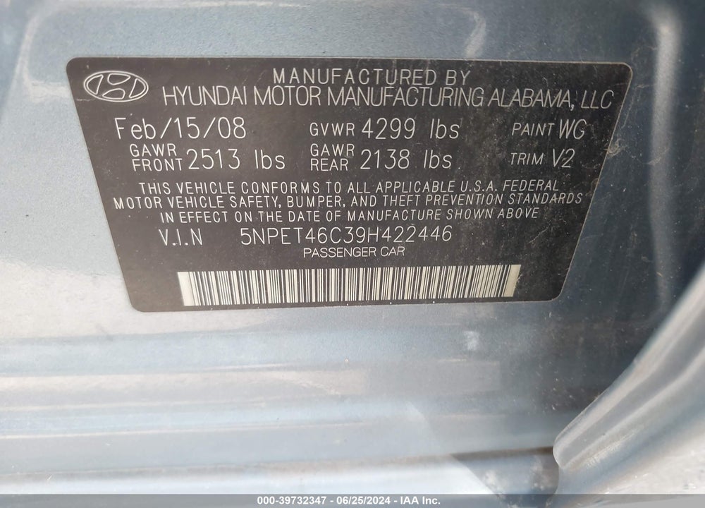 2009 HYUNDAI SONATA GLS VIN: 5NPET46C39H422446