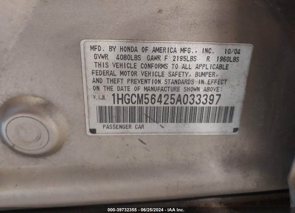 2005 HONDA ACCORD 2.4 LX VIN: 1HGCM56425A033397