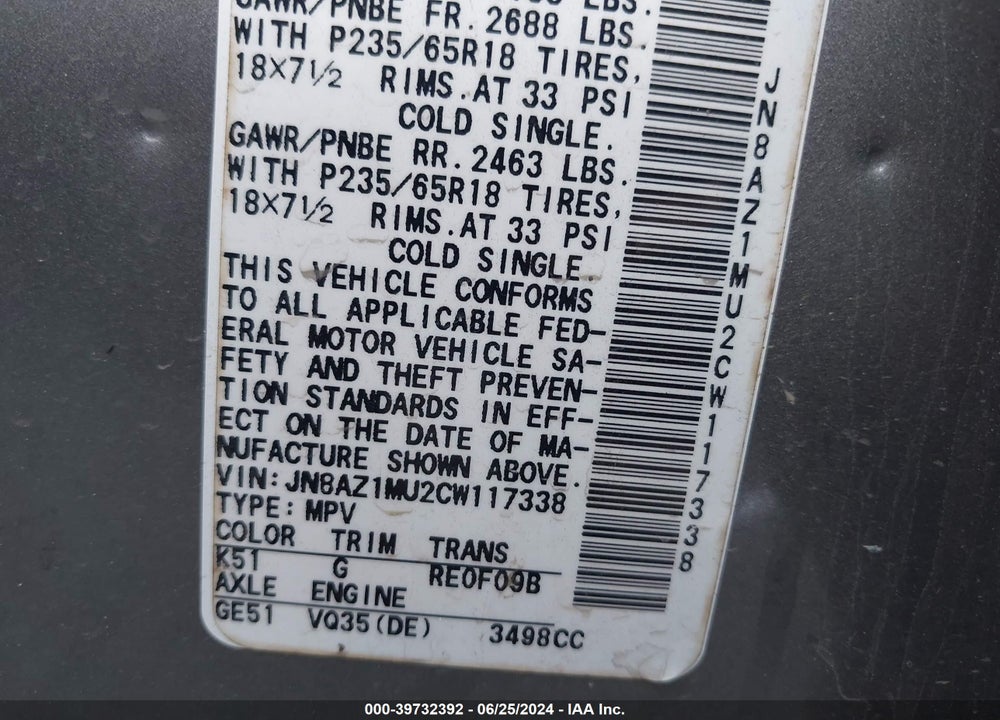 2012 NISSAN MURANO S VIN: JN8AZ1MU2CW117338