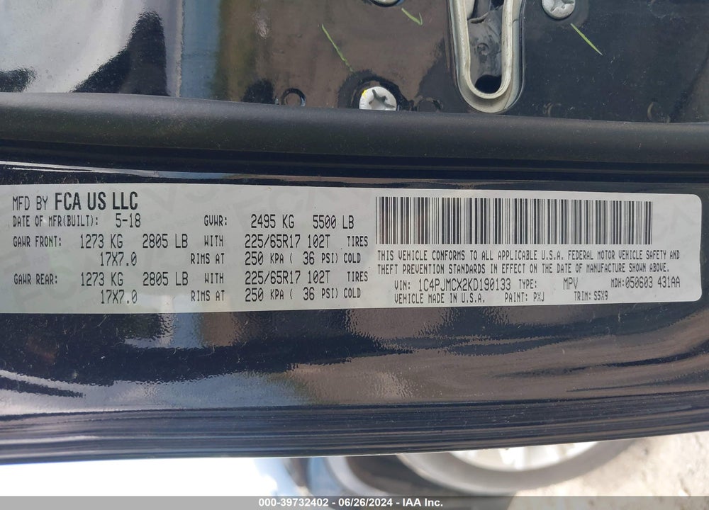 2019 JEEP CHEROKEE LATITUDE 4X4 VIN: 1C4PJMCX2KD190133