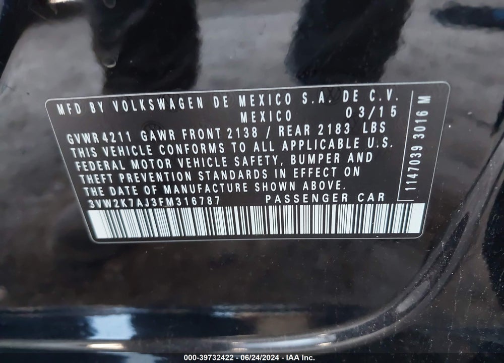 2015 VOLKSWAGEN JETTA 2.0L S VIN: 3VW2K7AJ3FM316787