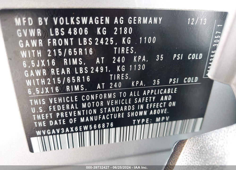 2014 VOLKSWAGEN TIGUAN S VIN: WVGAV3AX6EW566876