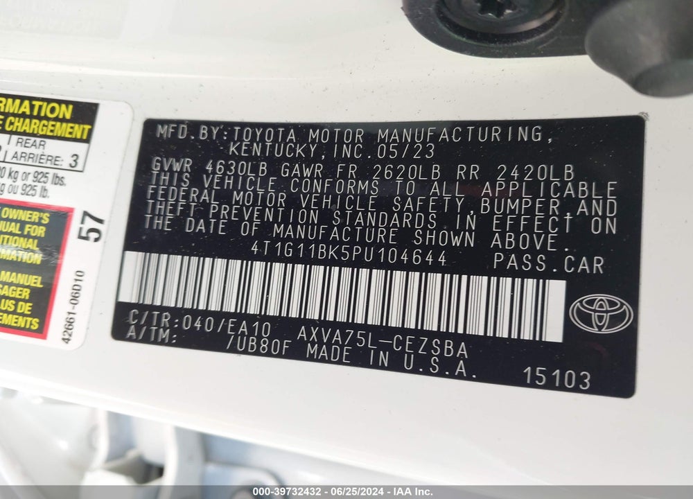 2023 TOYOTA CAMRY SE AWD VIN: 4T1G11BK5PU104644