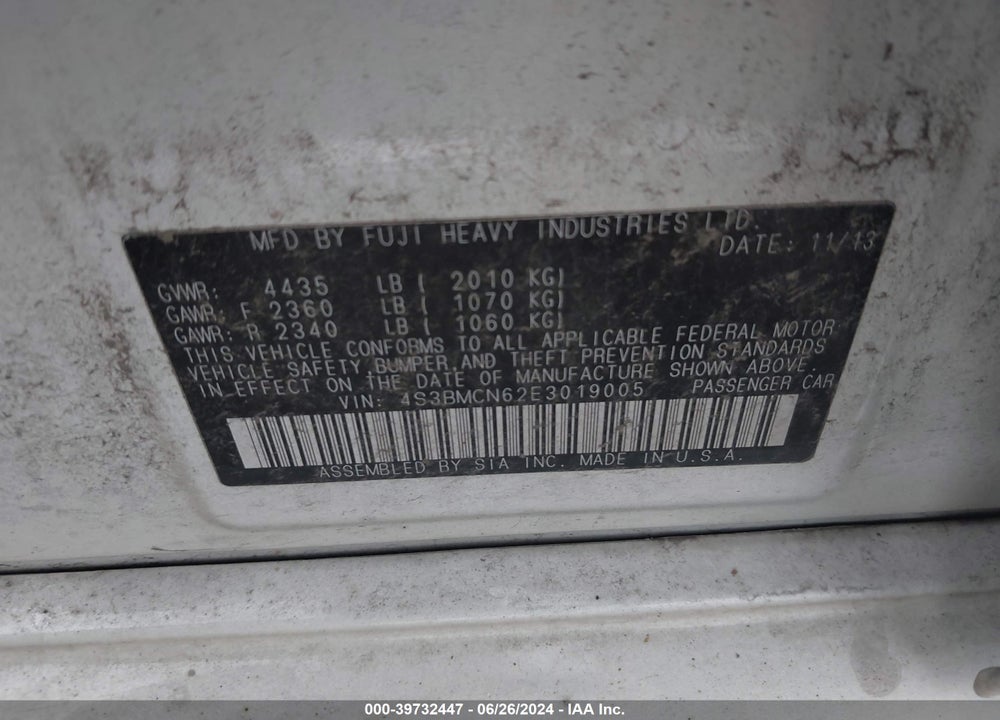 2014 SUBARU LEGACY 2.5I LIMITED VIN: 4S3BMCN62E3019005