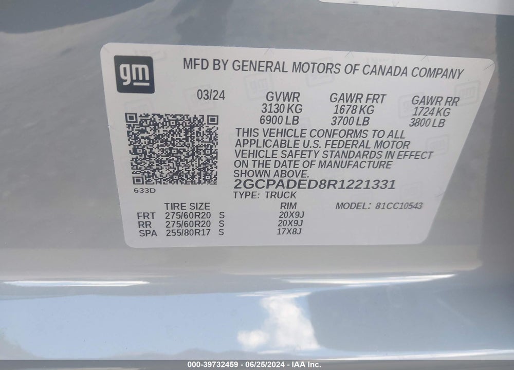 2024 CHEVROLET SILVERADO 1500 VIN: 2GCPADED8R1221331