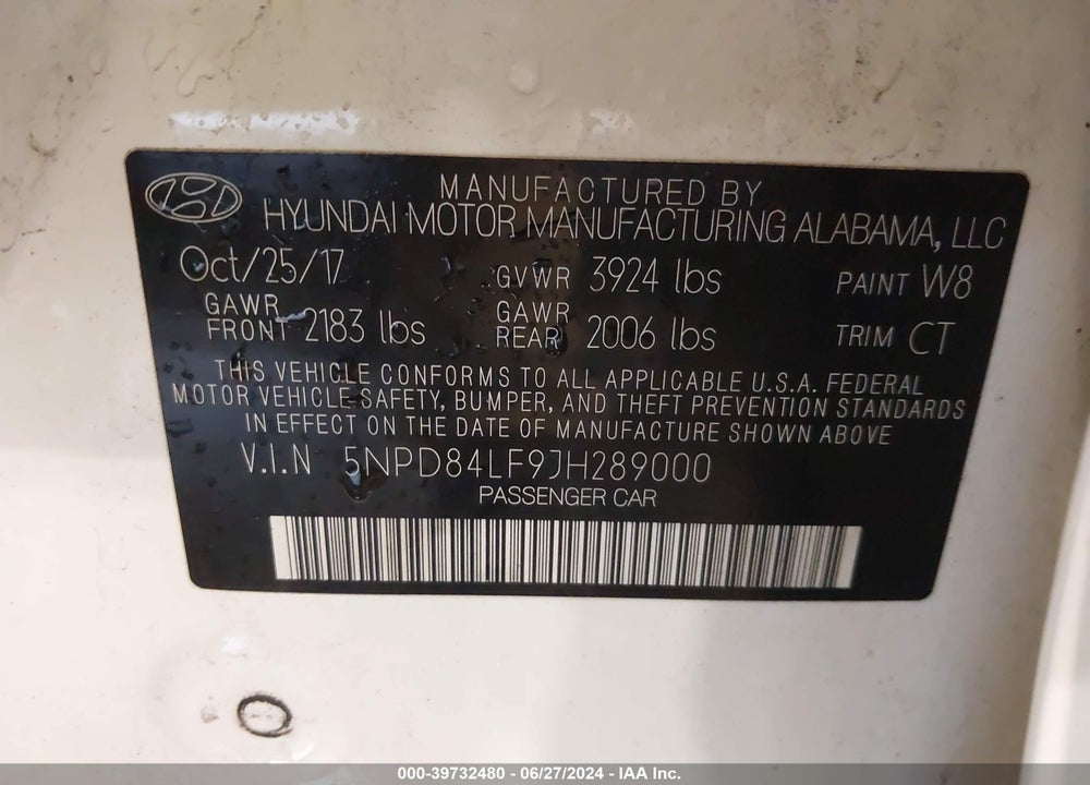 2018 HYUNDAI ELANTRA SEL VIN: 5NPD84LF9JH289000