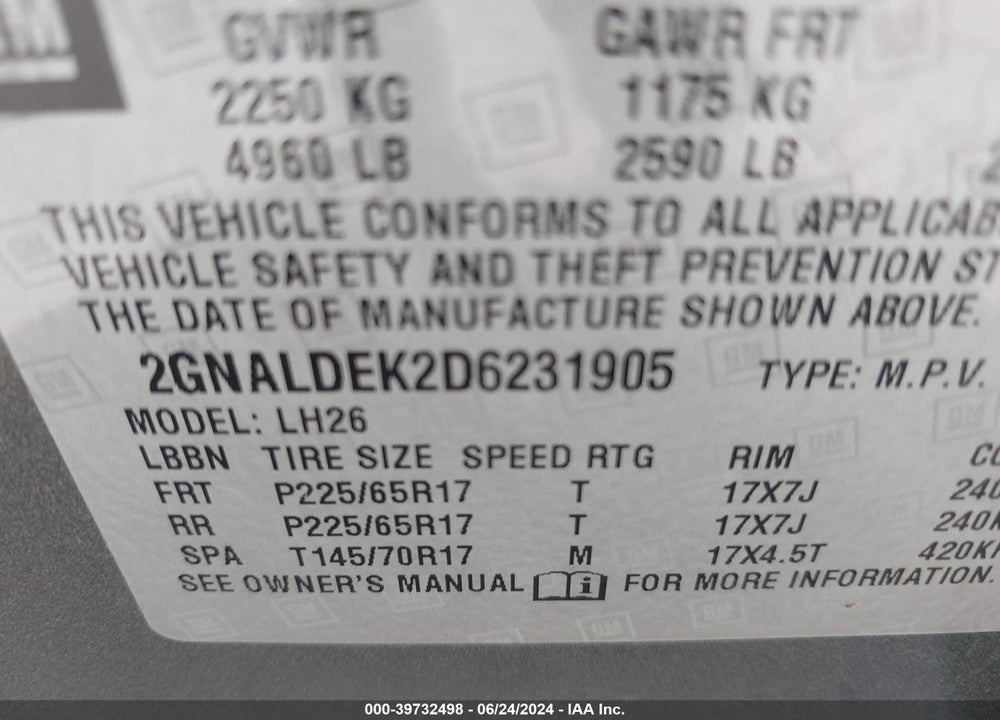 2013 CHEVROLET EQUINOX 1LT VIN: 2GNALDEK2D6231905