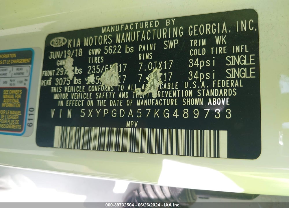 2019 KIA SORENTO 3.3L LX VIN: 5XYPGDA57KG489733