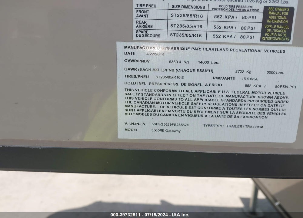 2015 HEARTLAND RV GATEWAY 3500RE VIN: 5SFSG3829FE285575