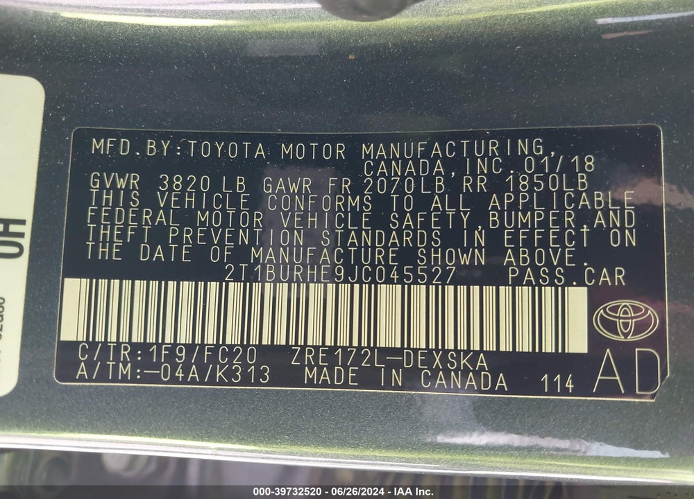 2018 TOYOTA COROLLA SE VIN: 2T1BURHE9JC045527