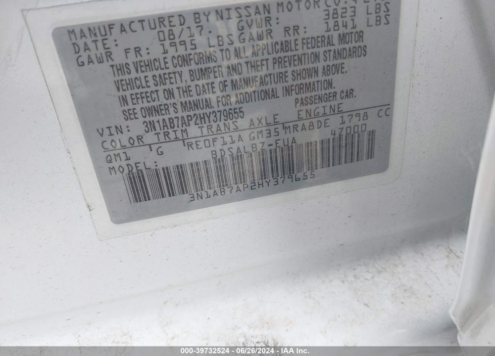2017 NISSAN SENTRA S VIN: 3N1AB7AP2HY379655