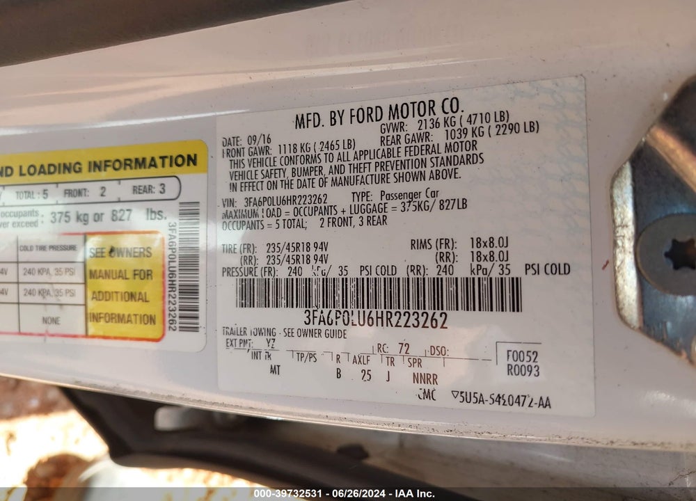 2017 FORD FUSION HYBRID SE VIN: 3FA6P0LU6HR223262
