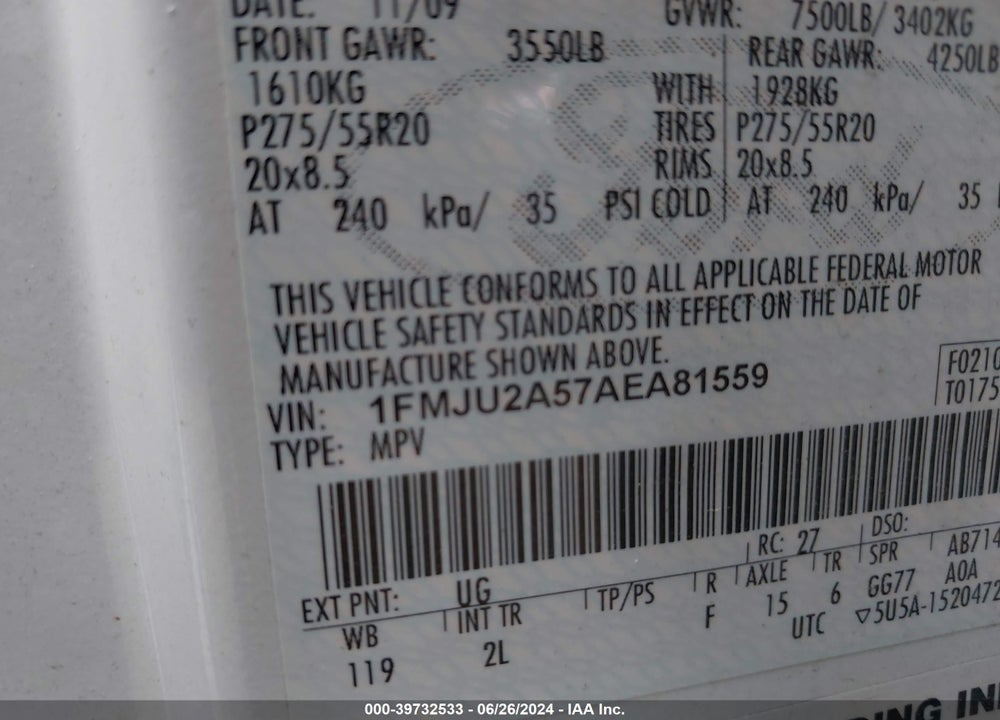 2010 FORD EXPEDITION LIMITED VIN: 1FMJU2A57AEA81559