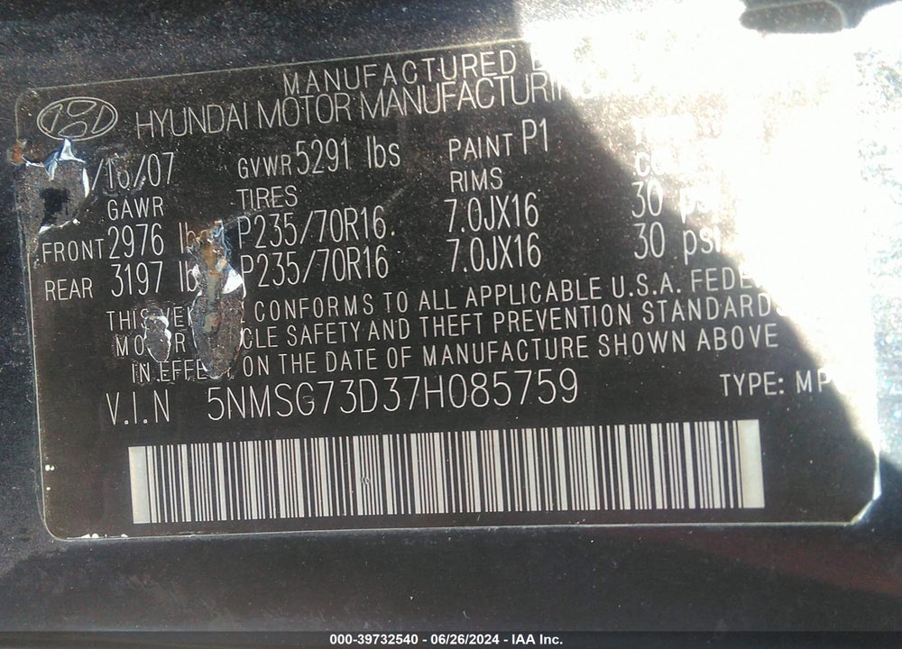 2007 HYUNDAI SANTA FE GLS VIN: 5NMSG73D37H085759