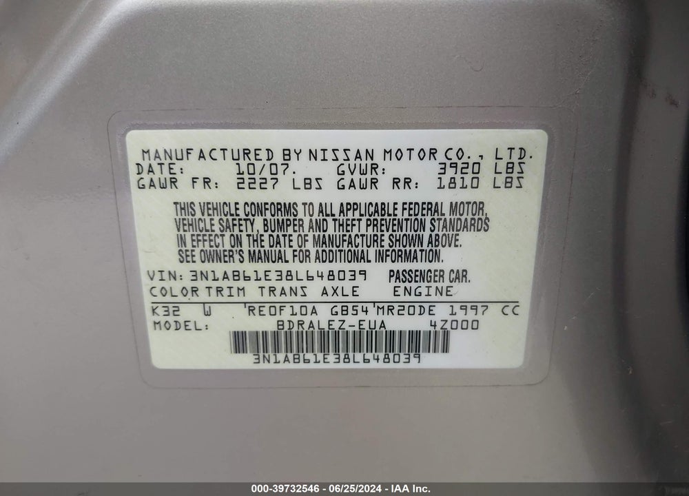 2008 NISSAN SENTRA VIN: 3N1AB61E38L648039