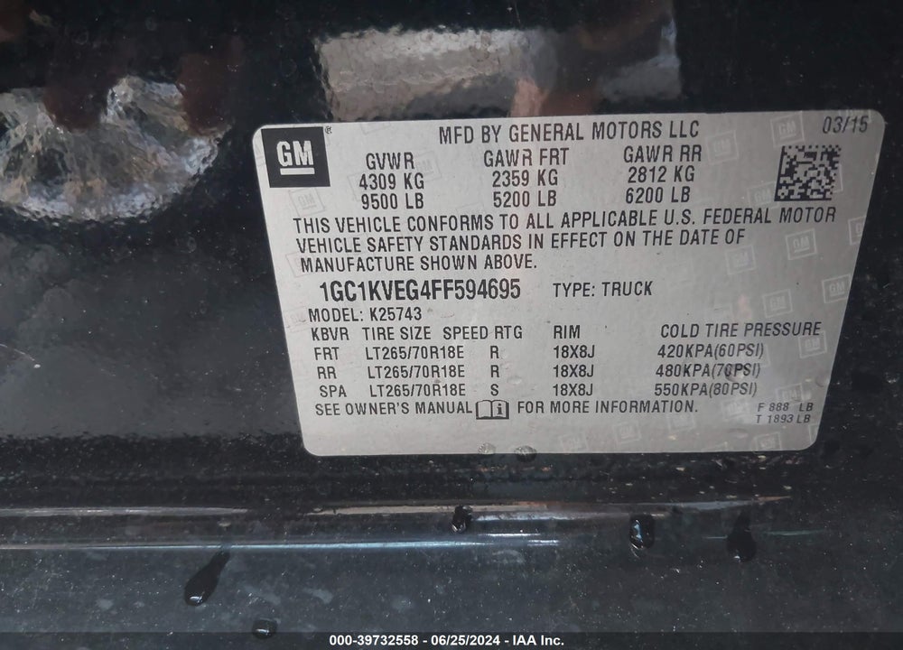 2015 CHEVROLET SILVERADO 2500HD LT VIN: 1GC1KVEG4FF594695