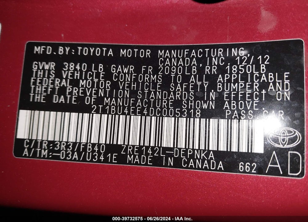 2013 TOYOTA COROLLA LE VIN: 2T1BU4EE4DC005318