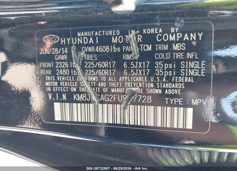 2015 HYUNDAI TUCSON VIN: KM8JUCAG2FU967728