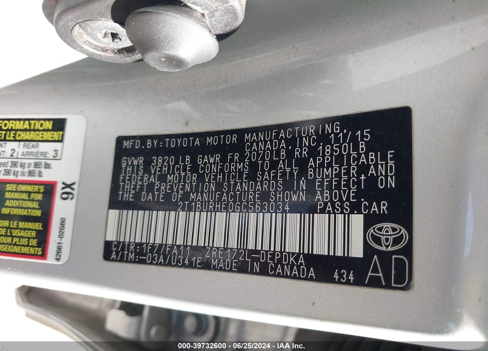 2016 TOYOTA COROLLA L VIN: 2T1BURHE0GC563034