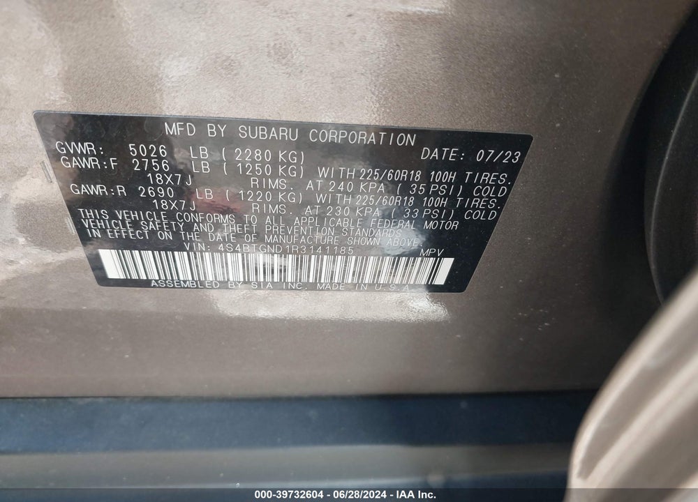 2024 SUBARU OUTBACK LIMITED XT VIN: 4S4BTGND1R3141185