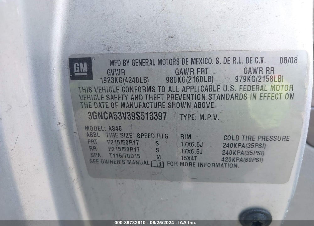 2009 CHEVROLET HHR LT VIN: 3GNCA53V39S513397