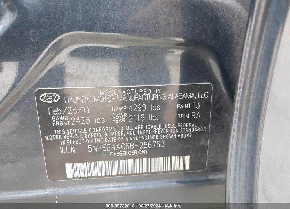2011 HYUNDAI SONATA GLS VIN: 5NPEB4AC6BH256763