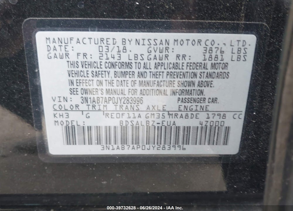 2018 NISSAN SENTRA S VIN: 3N1AB7AP0JY283996